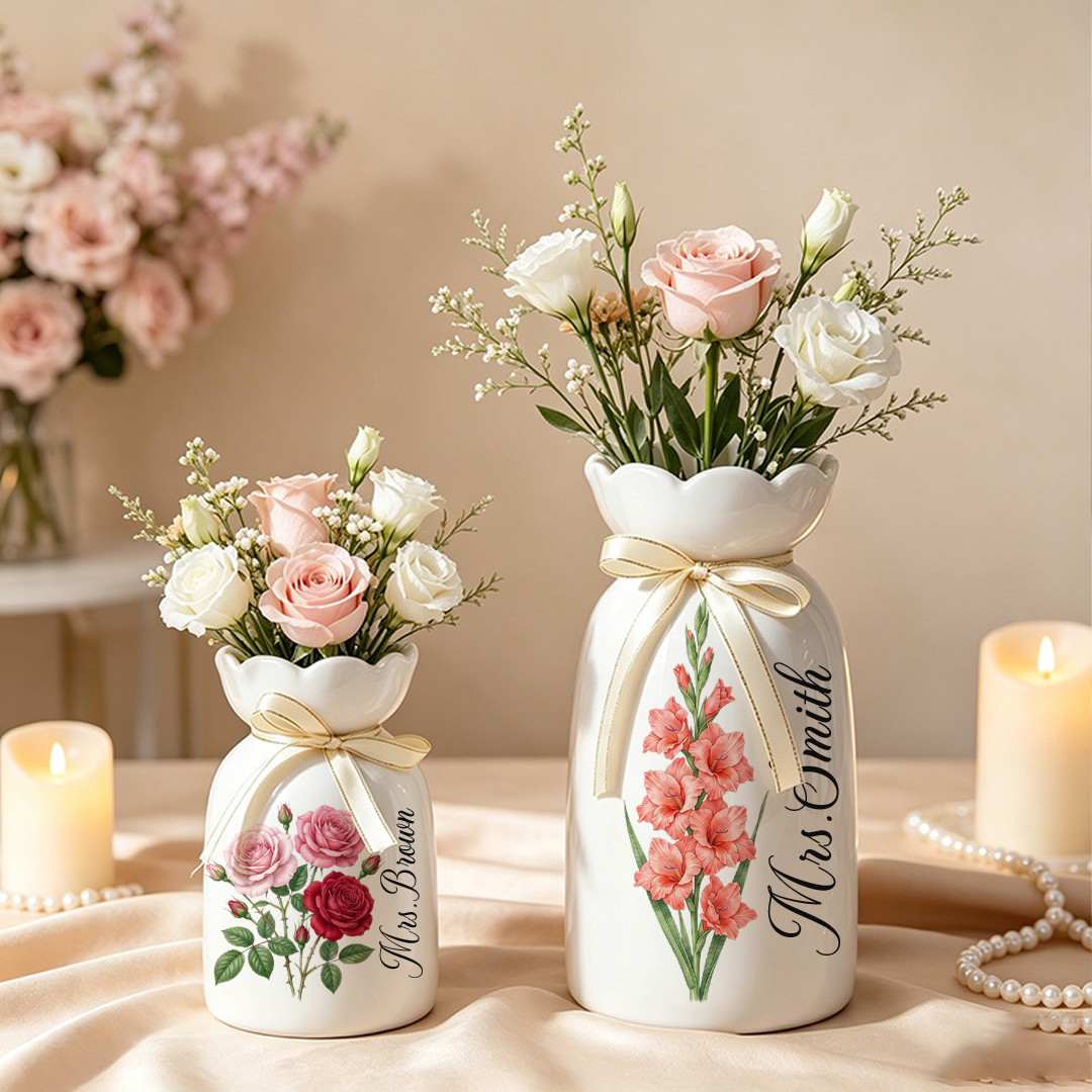 Personalized Watercolor Birth Flower Ceramic Vase with Name Back to Schol Gift for Teacher Gift for Her