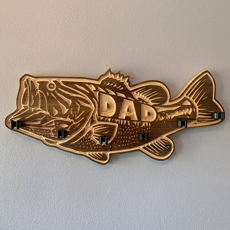 Personalized Bass Fishing Rod Holder for Dad Engraved Solid Wood Wall Mount Organizer with Name Birthday Gift for Dad Grandpa Fishing Lovers