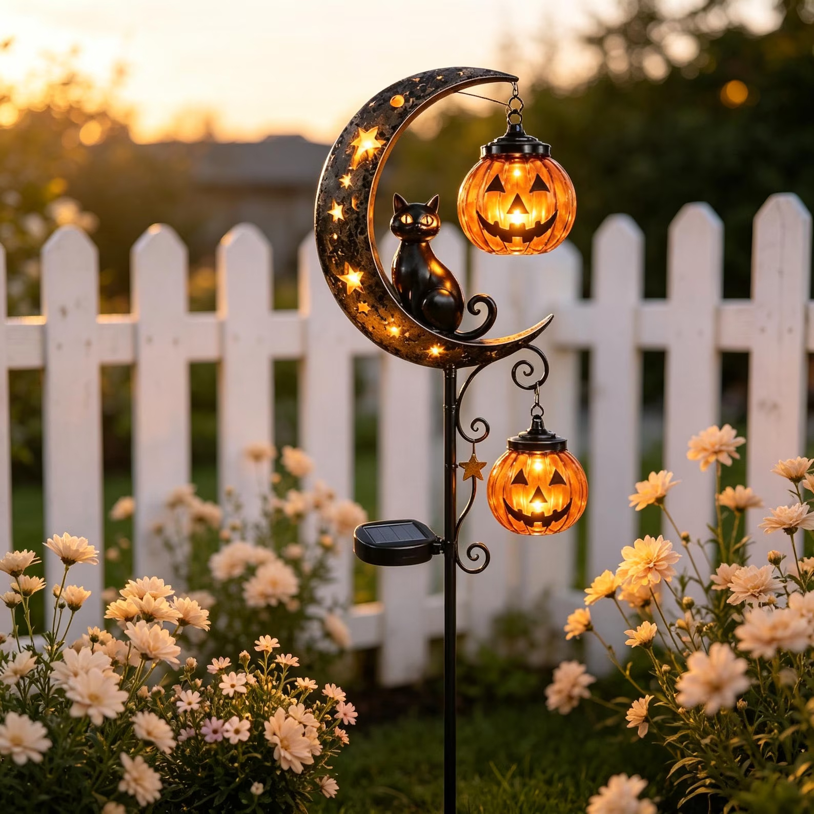 Halloween Black Cat Moon Solar Stake Light Pumpkin Lantern Outdoor Decor