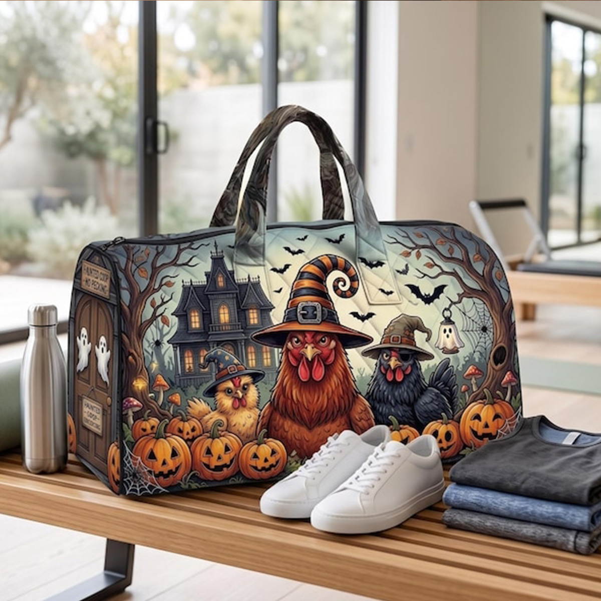 Quilted Halloween Chicken Travel Duffel Bag Witch Farm Overnight Tote