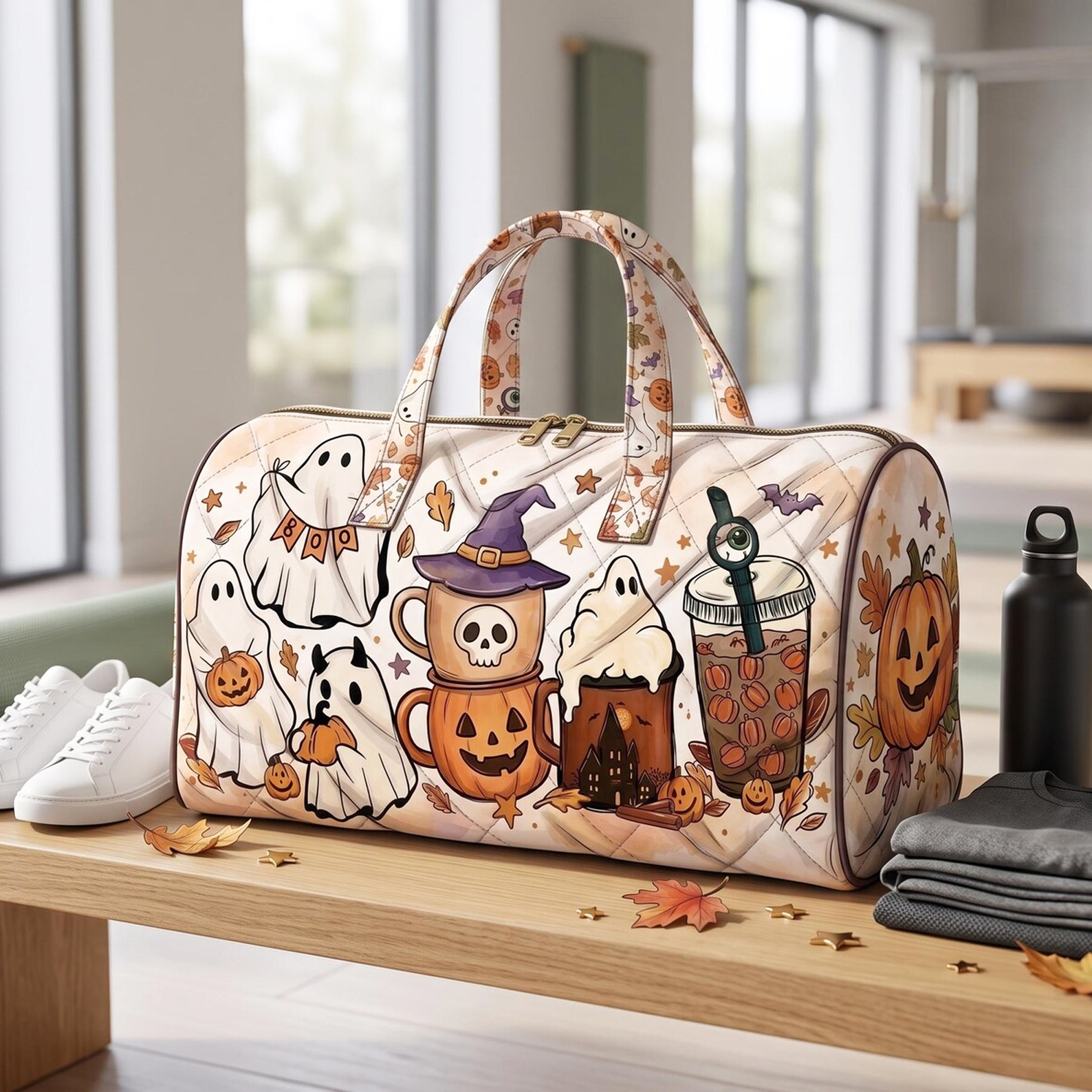 Spooky Halloween Coffee Travel Duffel Bag Ghost Pumpkin Autumn Getaway Tote
