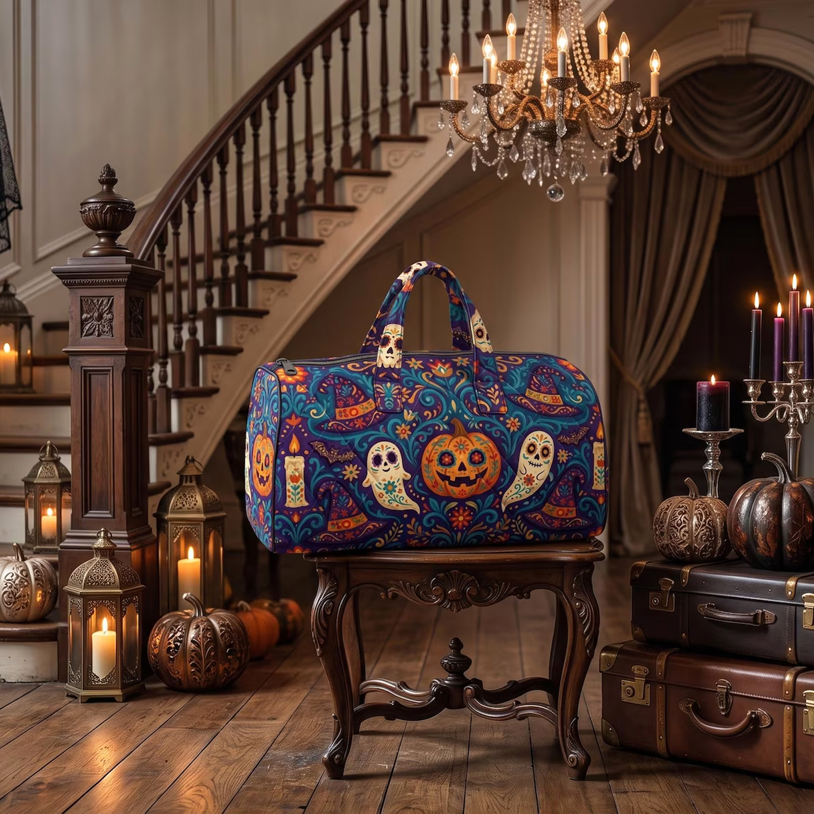 Halloween Quilted Sugar Skull Weekend Bag Folk Art Halloween Travel Tote