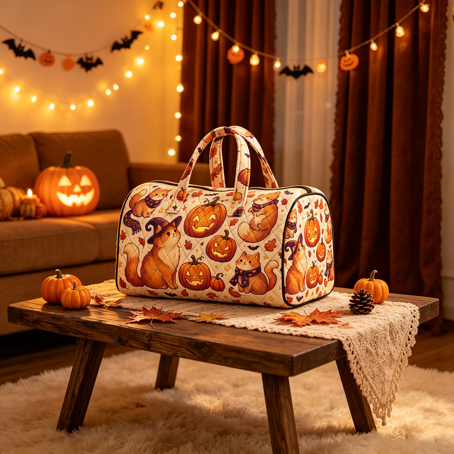 Quilted Witch Cat Pumpkin Duffel Bag Whimsical Autumn Travel Tote