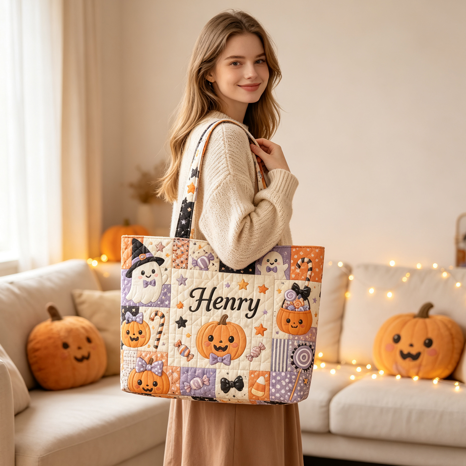 Personalized Name Trick or Treat Quilted Bag Spooky Moon Quilted Tote Cute Candy Shoulder Bag Halloween Gift