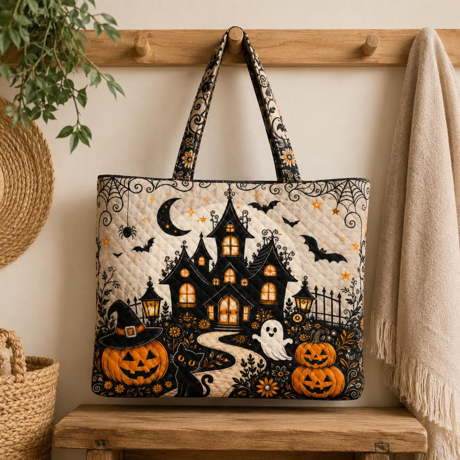 Halloween Tote Bag for Women Haunted House Quilted Tote Pumpkin Ghost Black Cat Bag Spooky Season Gift