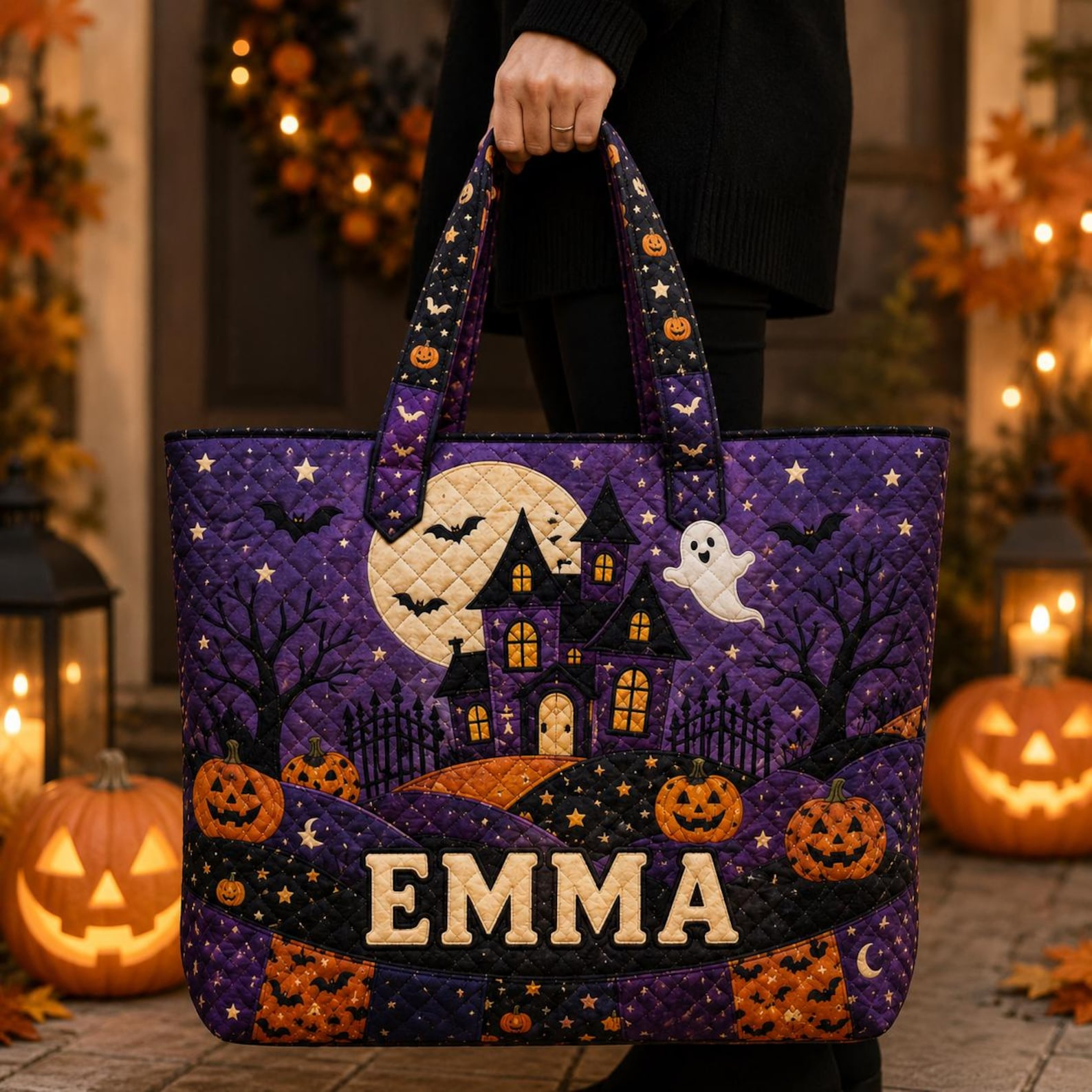 Personalized Halloween Quilt Printed Tote Bag Custom Name Spooky Pumpkin Tote Halloween Gift for Women Bag
