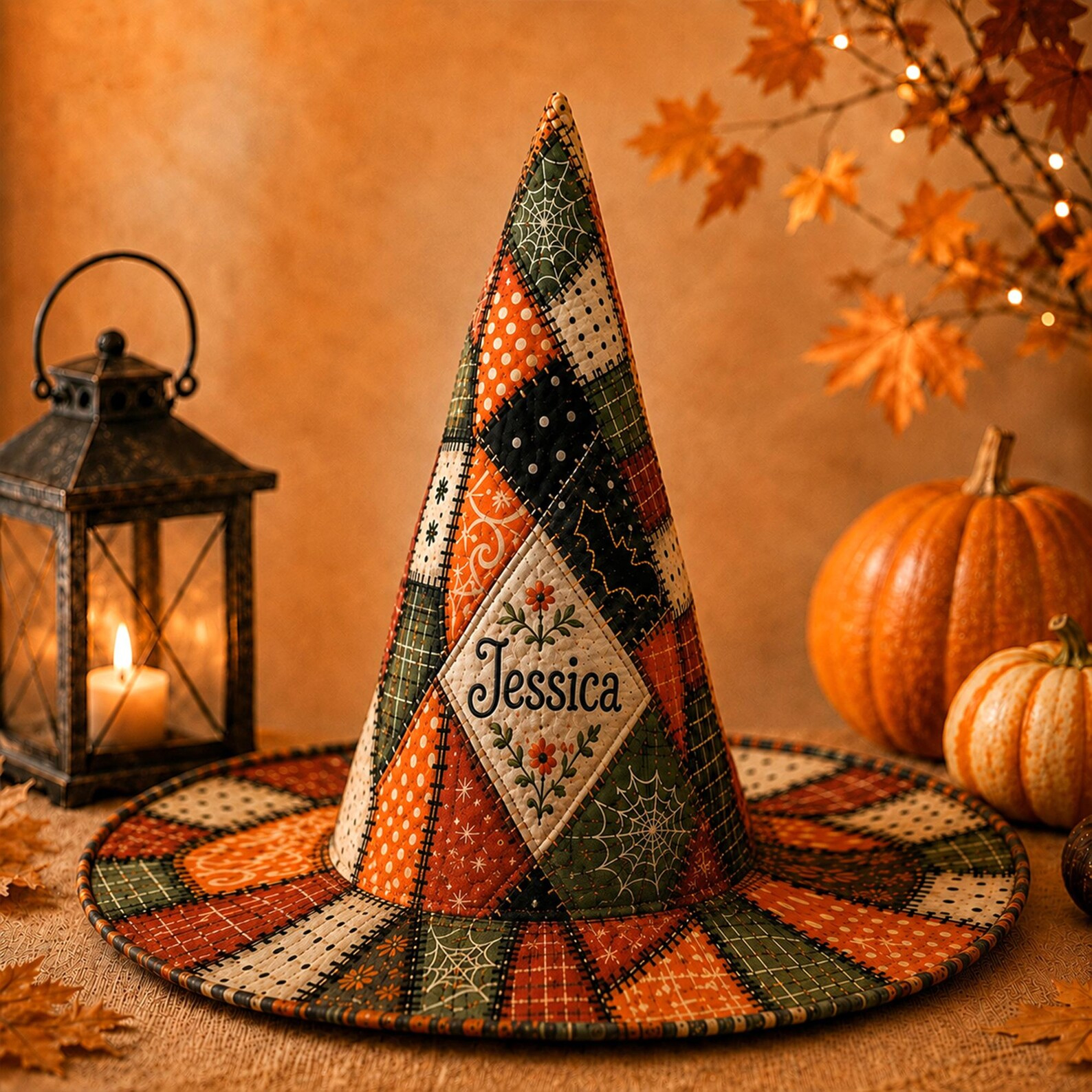 Personalized Witch Hat, Quilted Patchwork Halloween Decoration Spiderweb Bat Floral Fall Decor Custom Name Vintage Halloween Gift