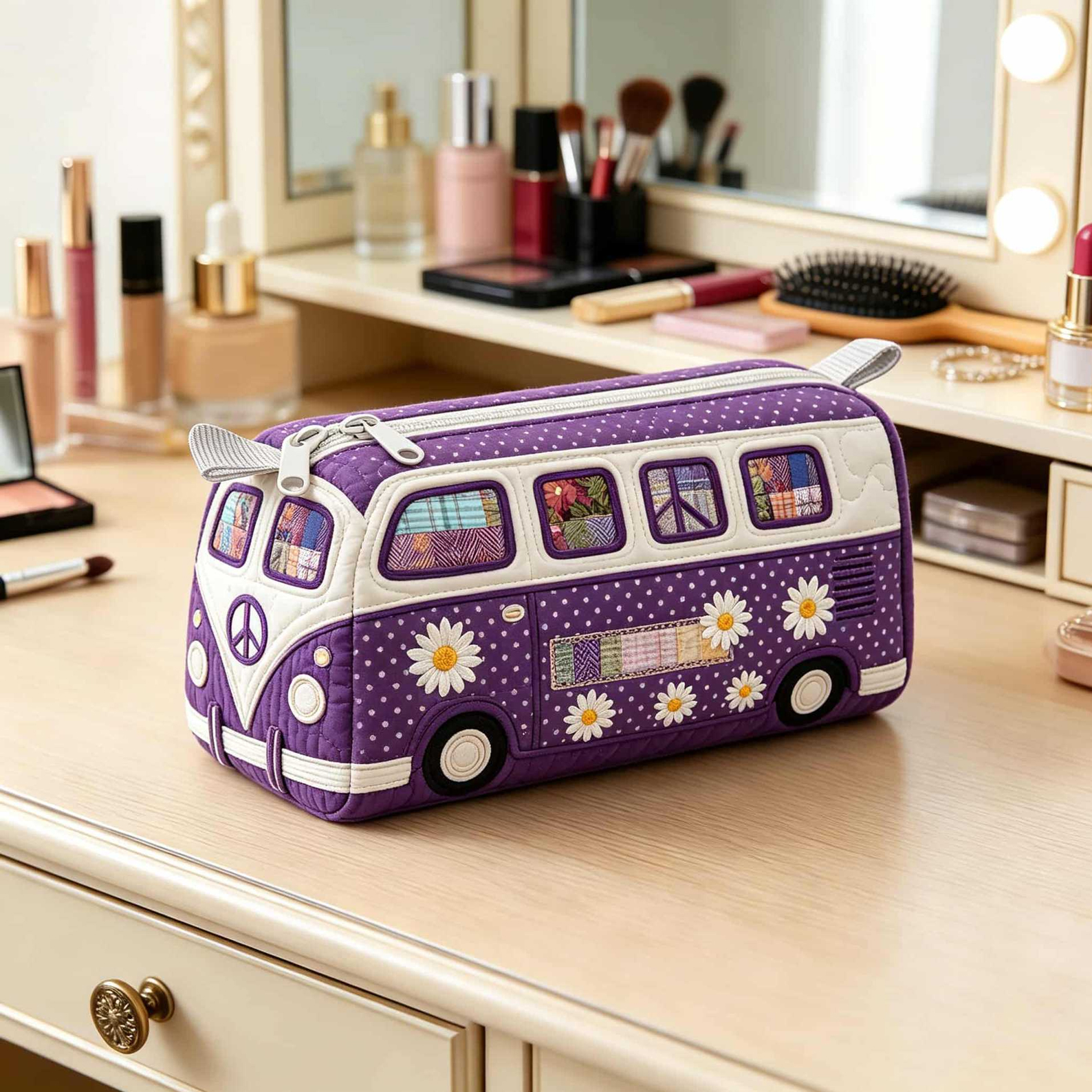 Flower Cart Bus Storage Bag Quilted Makeup Bag Suitable for Makeup Brushes Gift for Her