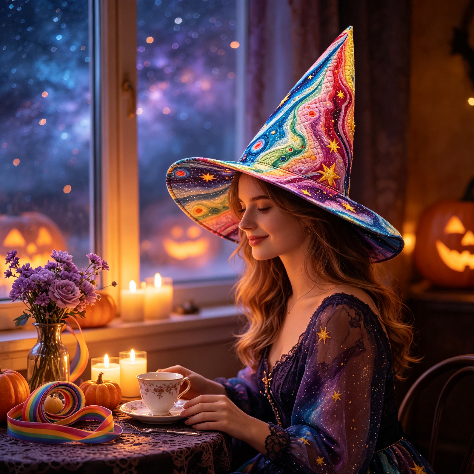 Rainbow Galaxy Quilted Witch Hat Celestial Starry Halloween Costom Hat Colorful Witchy Party Accessory Spooky Season Gift