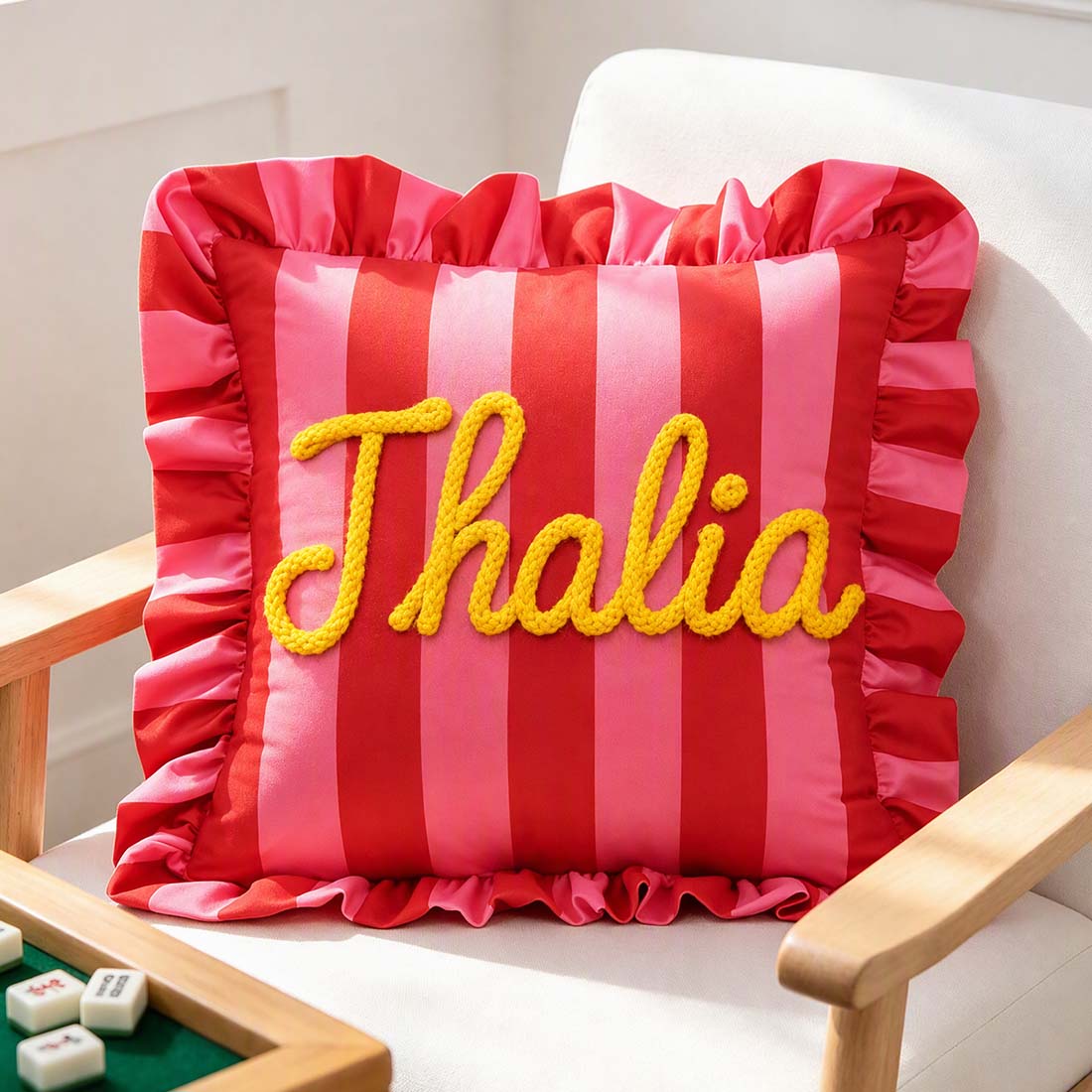 Personalized Striped Ruffled Punch Needle Throw Pillow Embroidered Name Mahjong Lovers Gift