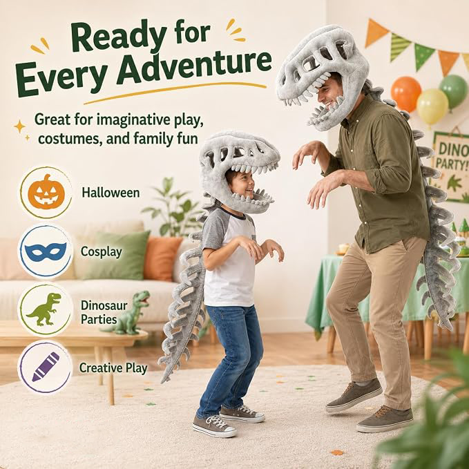 3D Dinosaur Skeleton Plush Hat with Long Spine Tail, Funny Giant Dino Bone Headwear, Halloween Cosplay Costume Novelty Photo Prop Party Dress-up Accessory