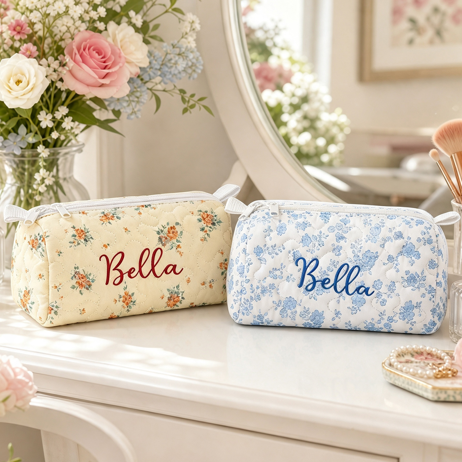 Personalized Quilted  Makeup Bag Custom Name Cosmetic Bag Quilted Toiletry Pouch Gift for Her