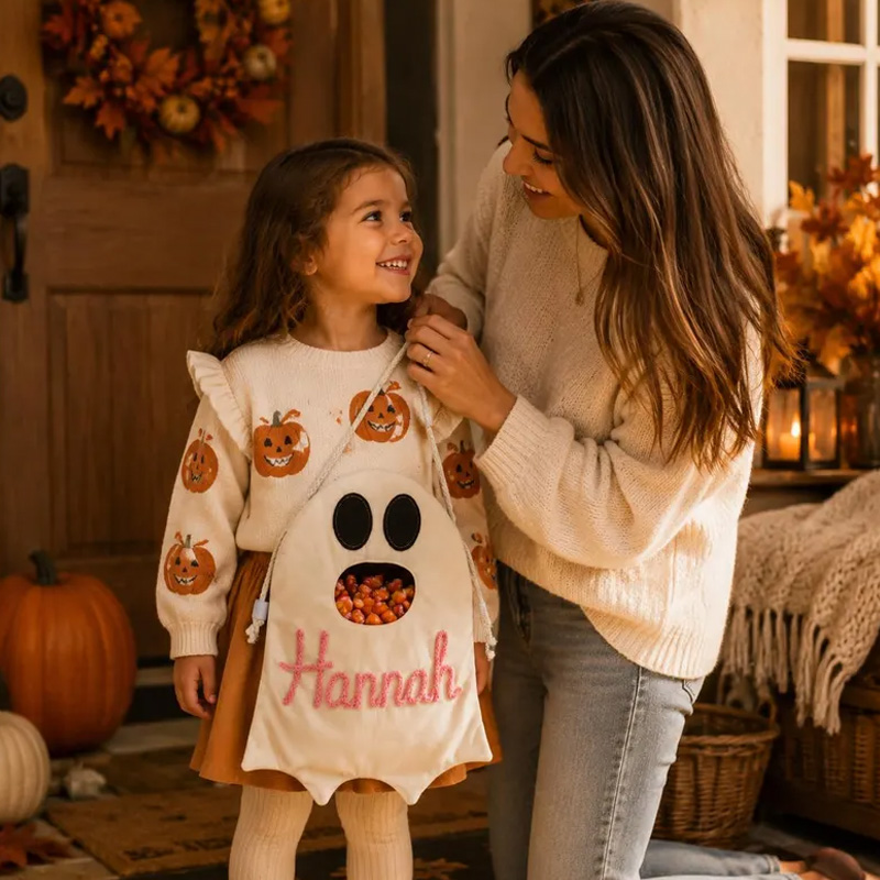 Personalized Rope Embroidery Ghost Halloween Candy Bag Custom Name Trick or Treat Bucket
