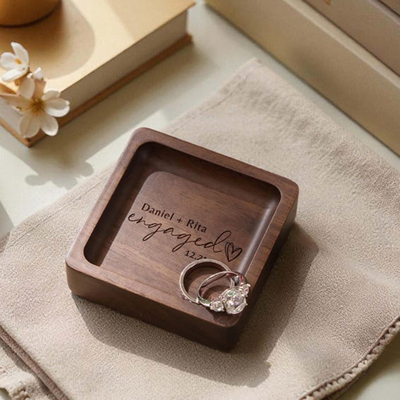 Personalized Walnut Wooden Ring Dish, Wedding Month Flower Ring Holder, Valentine’s Day Gift, Wedding, Engagement, Anniversary Gift for Her