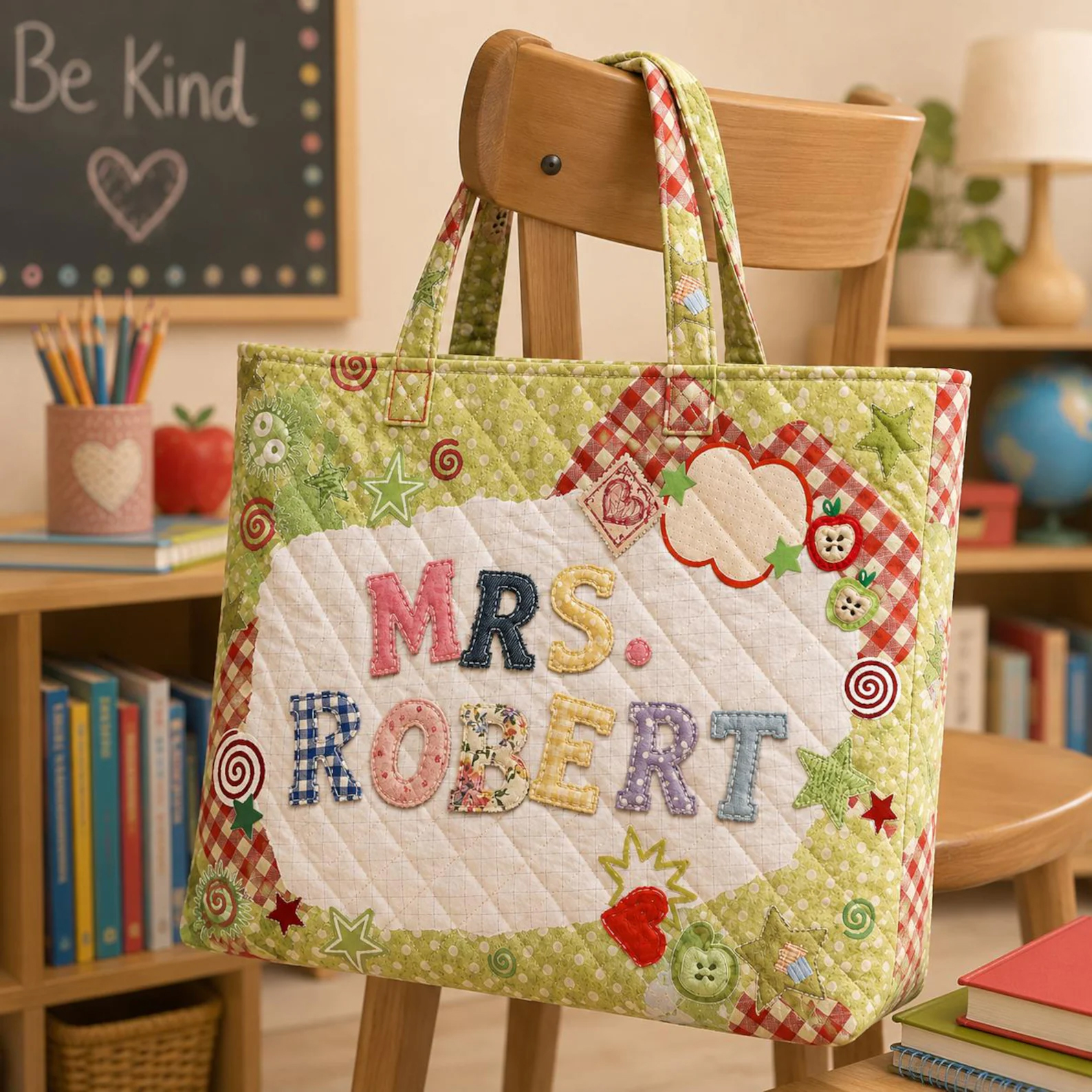 Personalized Teacher Quilted Tote Bag Custom Name Patchwork Print Tote Back To School Teacher Gift