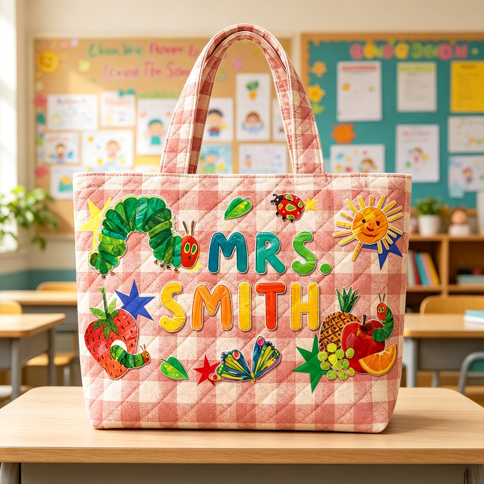 Personalized Caterpillar Teacher Quilted Tote Bag Custom Name Bug Classroom Bag Back To School Teacher Gift