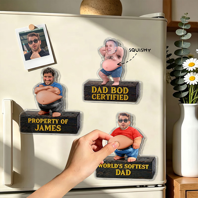 Personalized Photo Squishy Magnet DAD BOD CERTIFIED Acrylic Fridge Magnet with Squishy Belly Funny Gift for Dad Grandpa