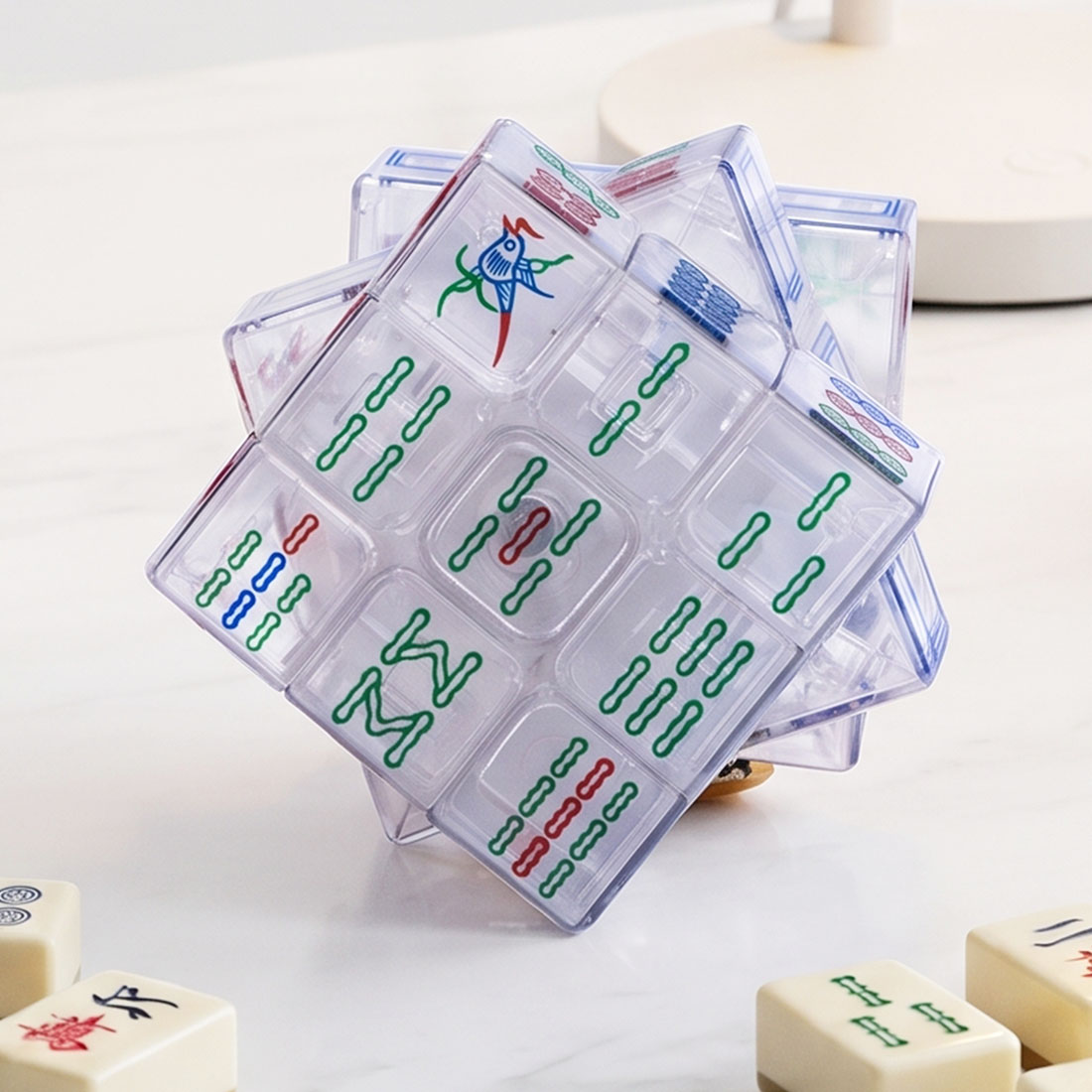 Mahjong Crystal Cube White Transparent Puzzle with Chinese Mahjong Tile Design Unique Fidget Toy & Collector Gift