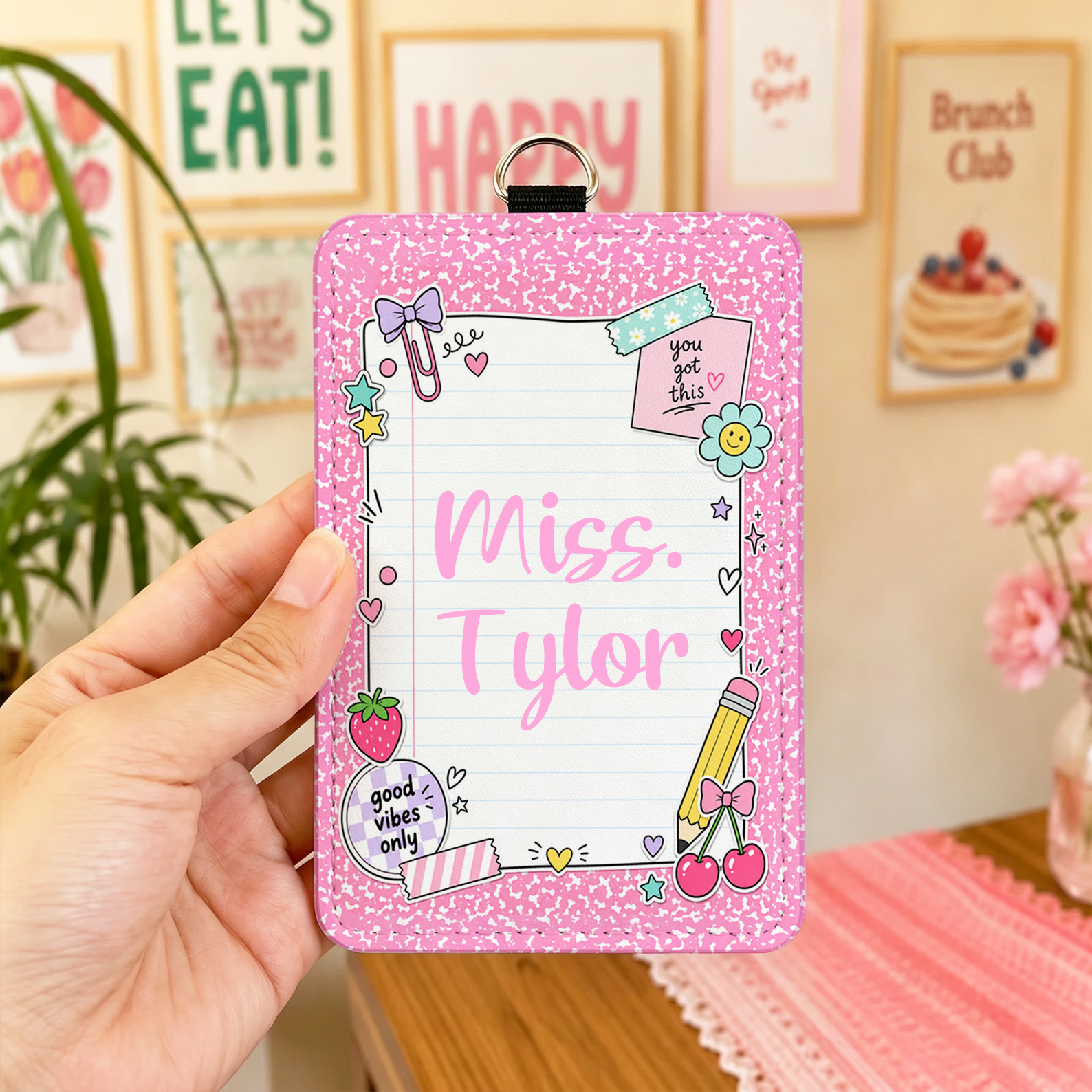Personalized Preppy Style Doodle School Card Holder with Custom Name Daily Use Teacher's Day Back to School Gift for Teacher