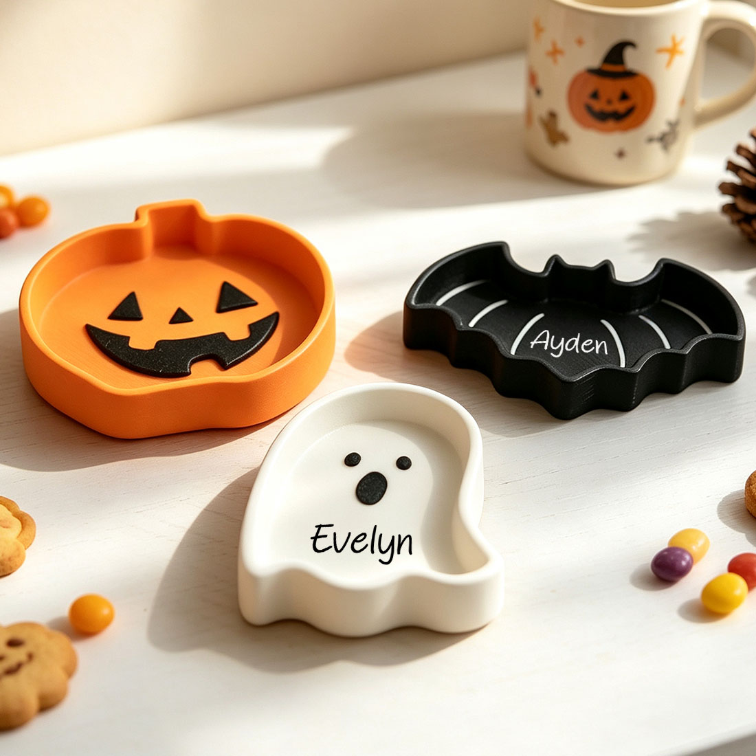 Personalized Halloween Trinket Dish 3D Printed Pumpkin Bat & Ghost Candy Tray Custom Name Spooky Season Gift