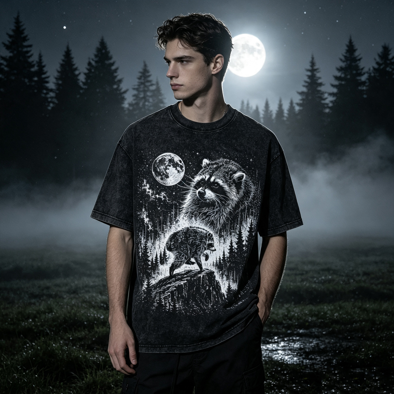 Moon Raccoon Washed T-shirt Funny Meme Shirt Gift for Animal Lover