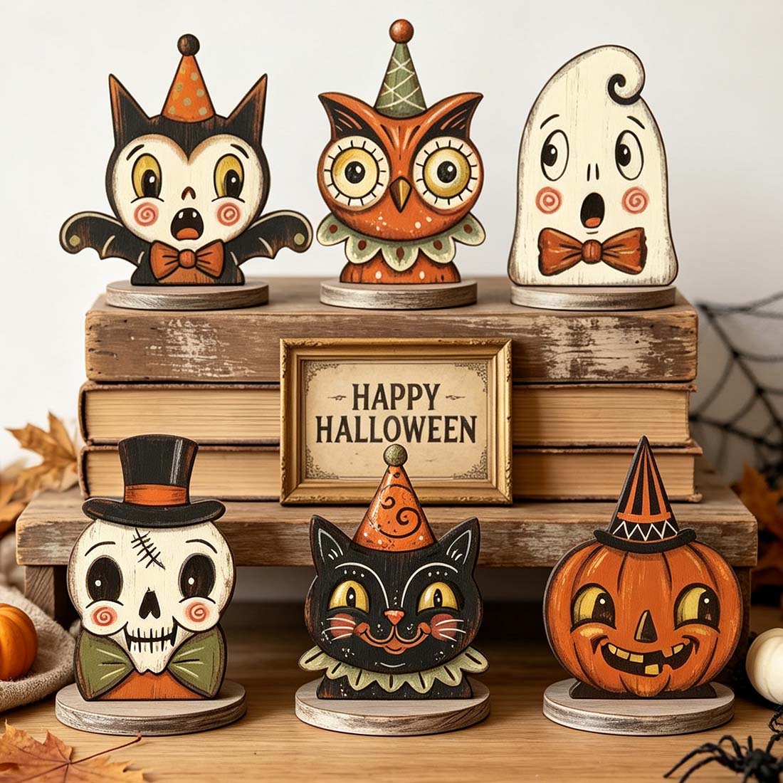 Vintage Halloween Decor Indoor, Retro Wooden Block for Shelf Decor, Cute Ghost, Pumpkin, Black Cat, Skeleton, Witch Owl, Housewarming Gift