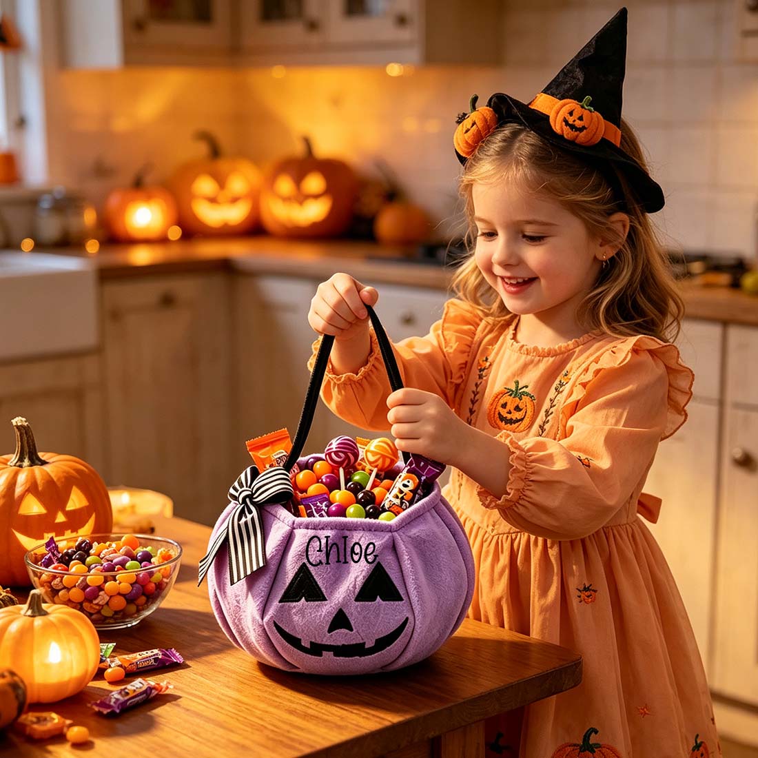 Personalized Halloween Trick-or-Treat Bag Pumpkin Face Candy Bucket with Custom Name Kids Velvet Tote in 4 Colors