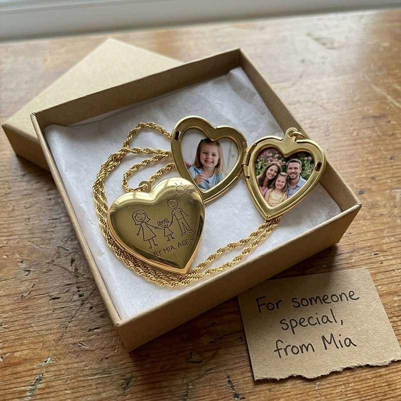 Personalized Kids Drawing Photo Locket Necklace Custom Child's Drawing Heart Locket Necklace for Mom Family Gift