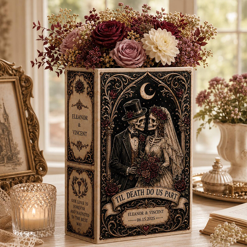 Personalized Gothic Book Vase, Custom Skeleton Bride and Groom Wedding Vase, Dark Romance Anniversary or Newlywed Gift for Couples