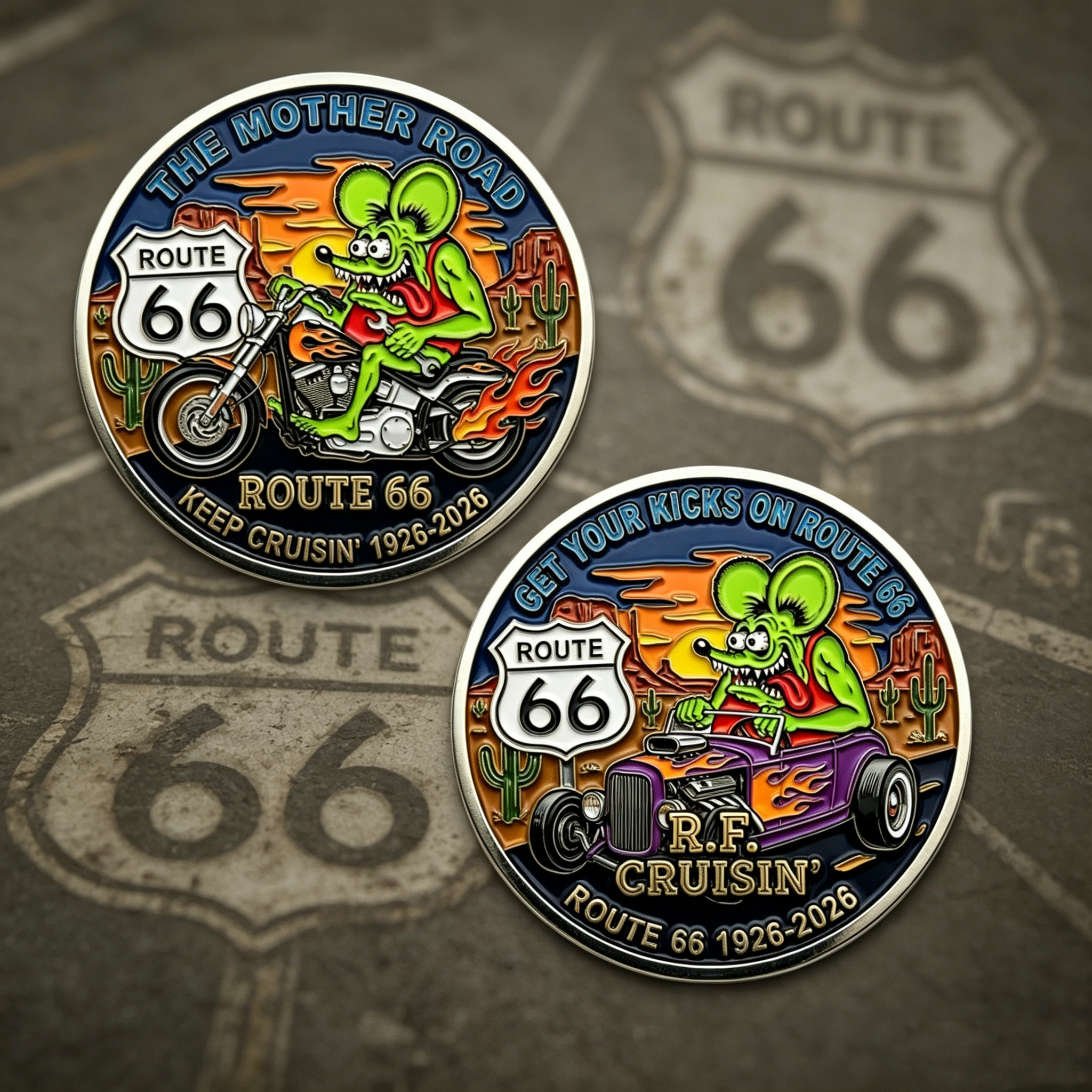 Route 66 100th Anniversary Rat Fink Challenge Coin 1926-2026,Vintage Hot Rod & Motorcycle Enamel Collectible Coin