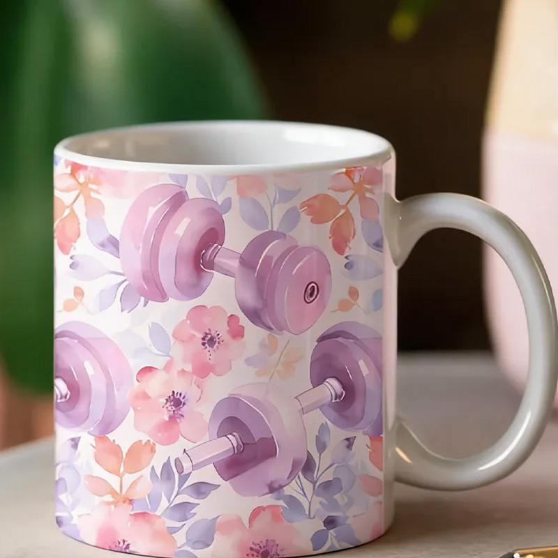 Personalized Couple Mug Floral Gym Weights Coffee Mug Watercolor Fitness Gift for Gym Lover