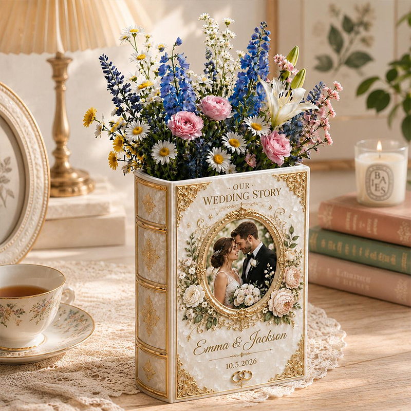 Personalized Wedding Ceramic Book Vase, Wedding Vase Gift, Custom Couple Name Book Vase,Gift for Newlyweds, Wedding Anniversary Gift for Couple