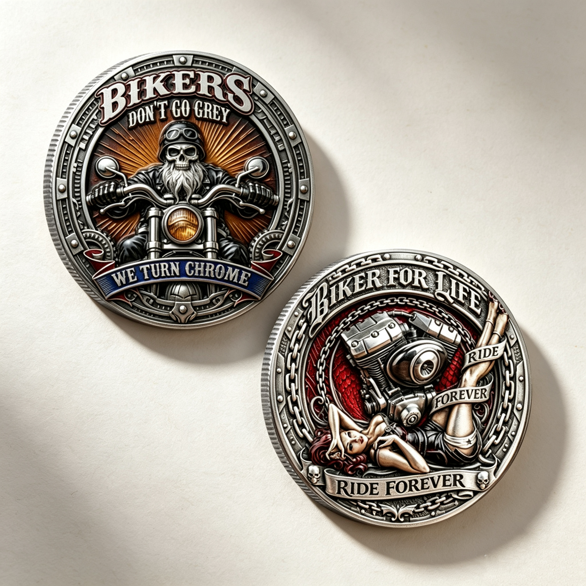 Bikers Don't Go Grey We Turn Chrome Challenge Coin, Biker For Life Ride Forever 3D Enamel Collectible Coin, Motorcycle Rider Vintage Biker Commemorative Pocket Coin