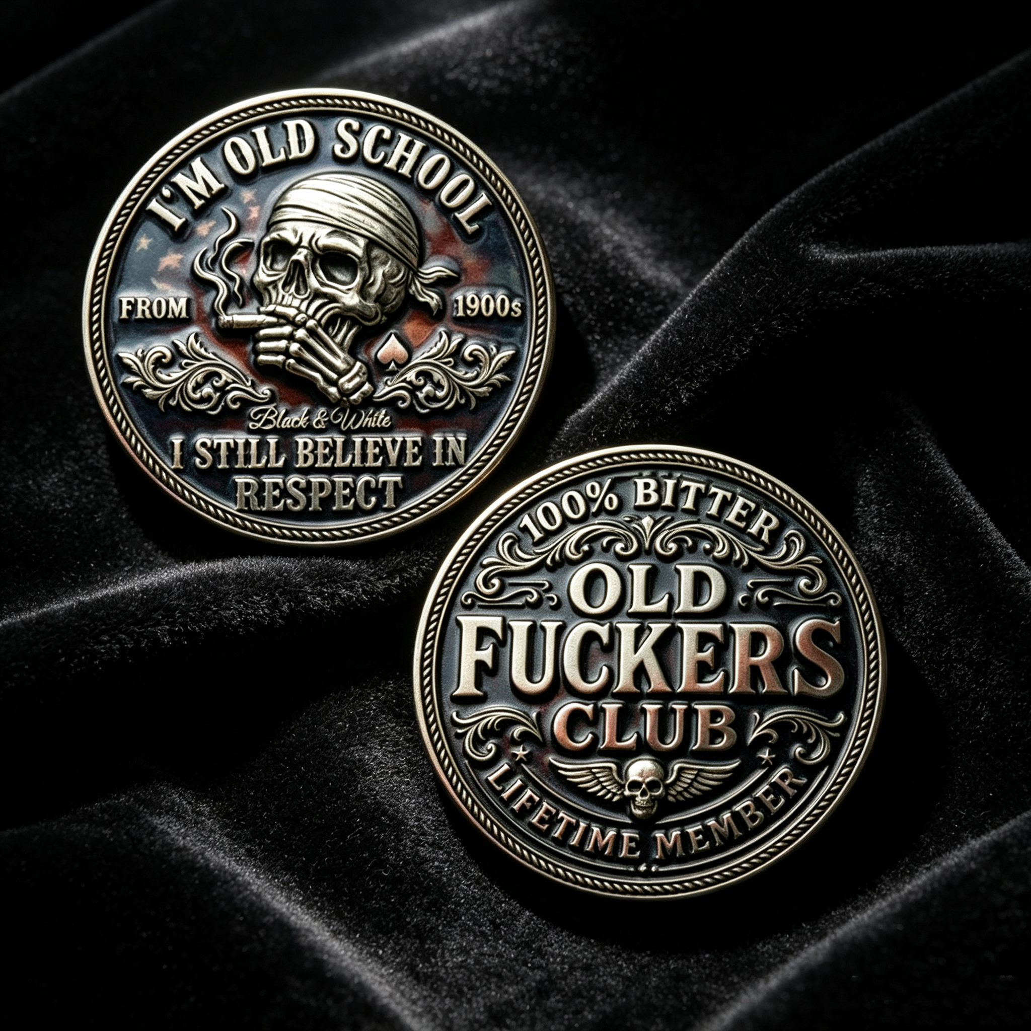 Old School Skull Challenge Coin, 100% Bitter Club Lifetime Member Collectible Coin, Vintage Skeleton Enamel Pocket Coin