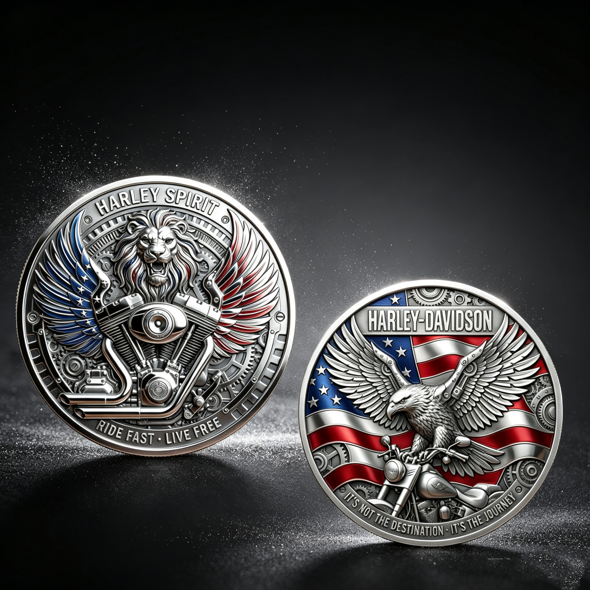 Harley Spirit Challenge Coin, Ride Fast Live Free Lion Eagle American Flag 3D Enamel Collectible Coin, Motorcycle Rider Commemorative Pocket Coin
