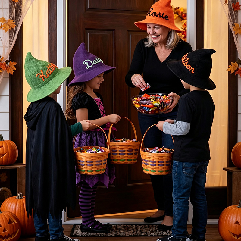 Personalized Kids Witch Hat Custom Name Halloween Costume Accessory Matching Sibling Black Pointed Hat