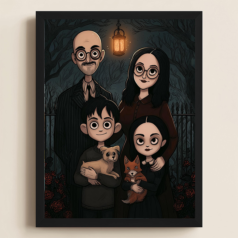 Personalized Gothic Family Portrait with Pets Custom Poster Spooky Season Halloween Wall Art Family Illustration from Your Photo