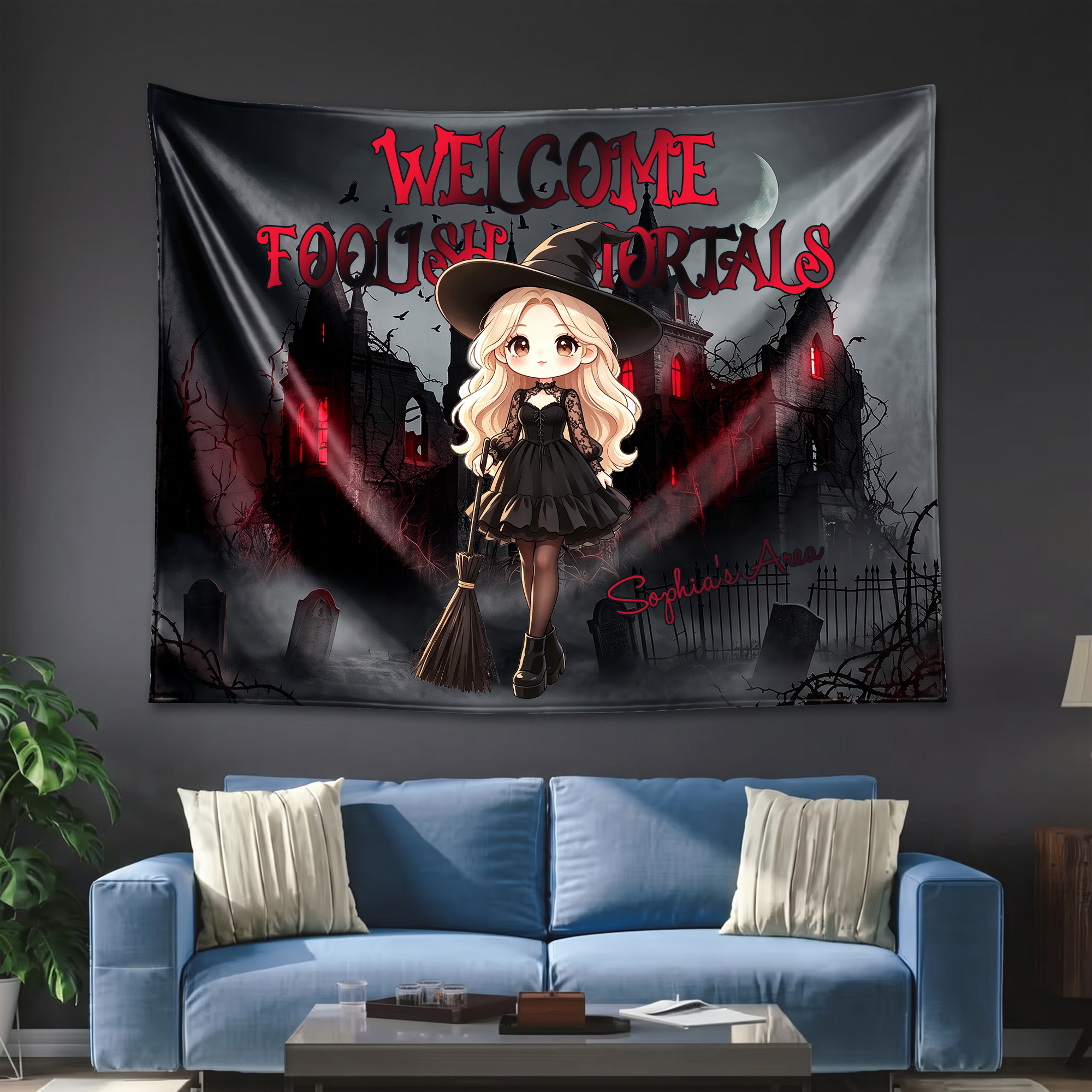 Personalized Halloween Design Tapestry with Cute Character Name Halloween Wall Decor Gift for Family