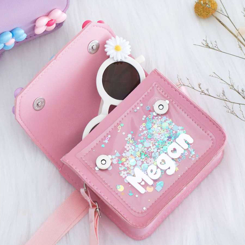 Personalized Kids Crossbody Flower Purse Custom Name Glitter Handbag Rainbow Beaded Handle Gift for Gilr