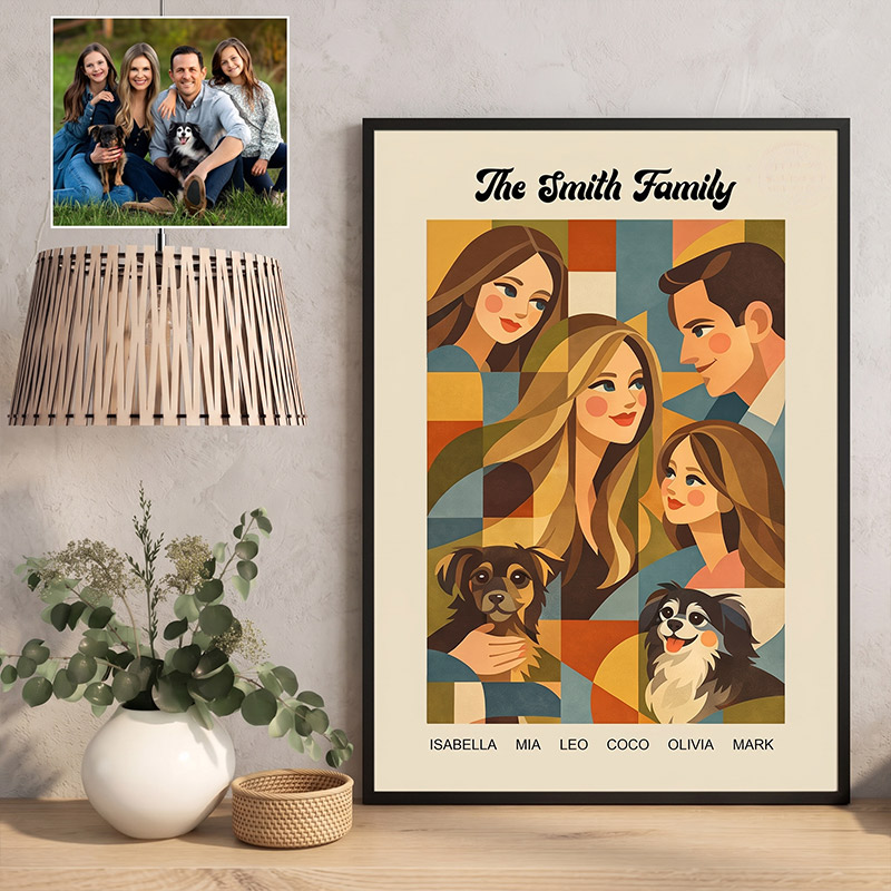 Personalized Modern Geometric Family Illustration Custom Canvas Family Poster from Photo Home Decor Gift For Family Housewarming Gift