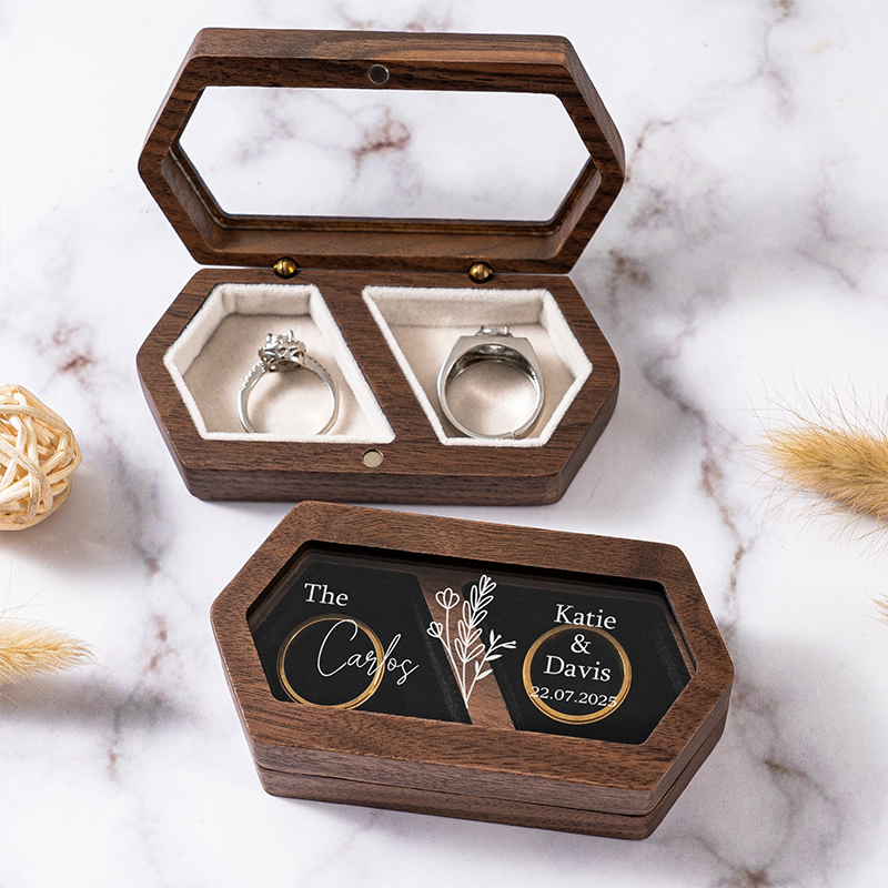 Personalized Wedding Ring Box Wooden Double Slot Ring Bearer Custom Ring Holder Ring Bearer Box Engagement Wedding Ceremony Ring Case