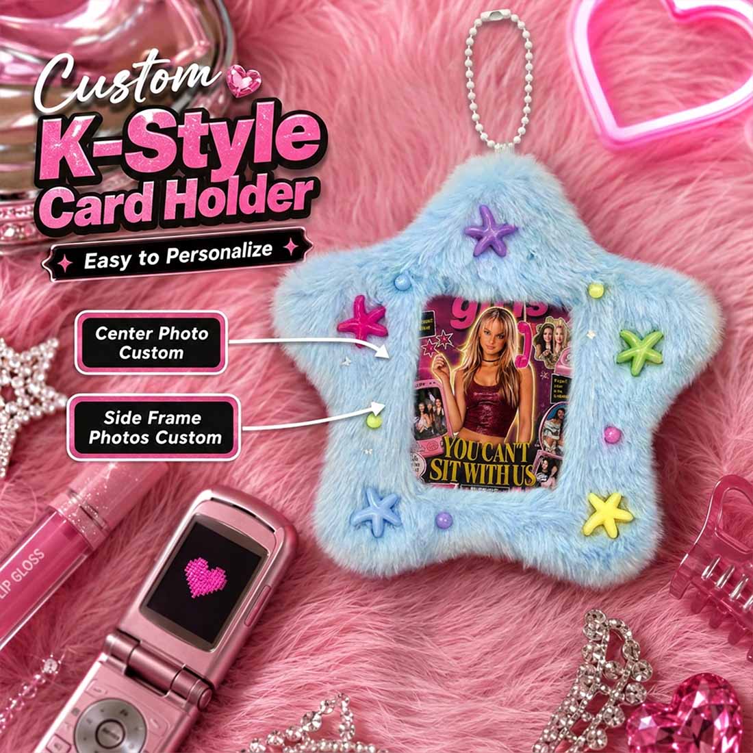 Mean Girls Fluffy Star Card Holder Keychain Y2K You Cant Sit With Us Photo Wallet Cute Bag Charm & ID Case