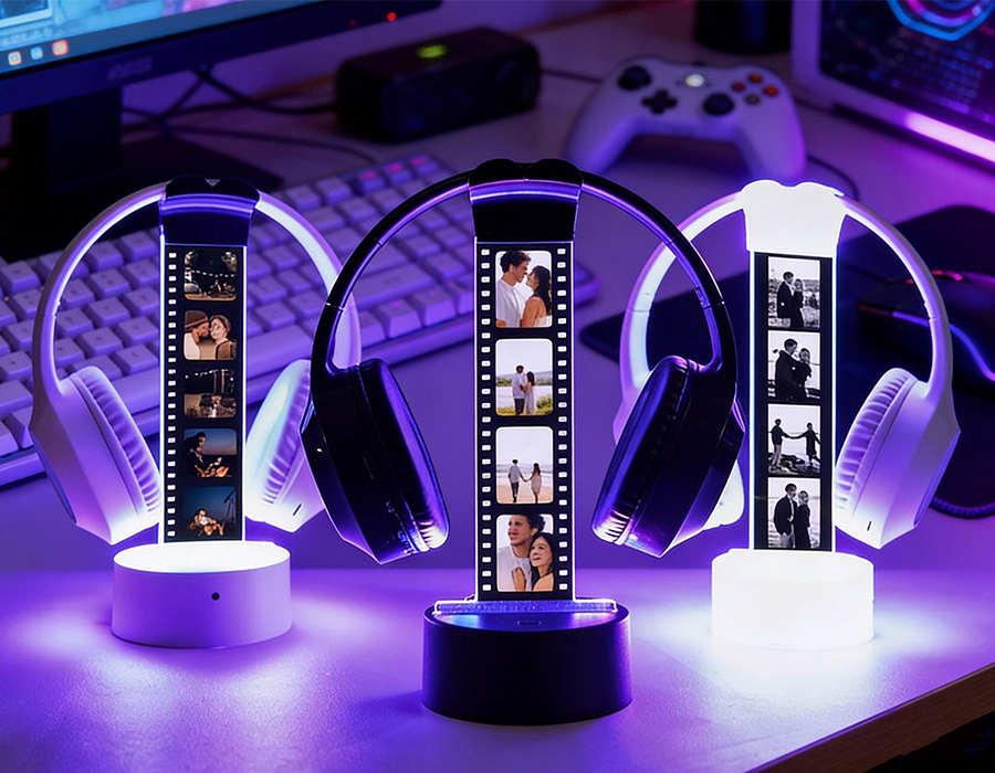Personalized LED Headphone Stand with Lights,RGB Light Headset Holder,Custom Headphone Display with Photos,Gift for Boyfriend 
