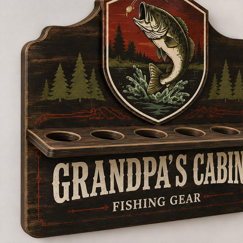 Personalized Fishing Rod Holder Fishing Rod 6-Rod Holder Custom Name Wall Mount Wood Construction Bass Fishing Station Sign Dad Grandpa Fishing Gift