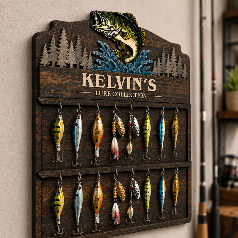 Personalized Reel Cool Dad Fishing lure Collection Holder Custom Fisherman Gift for Dad Uncle Grandpa Wooden Fishing Pole Organizer Bass Fish Wall Decor