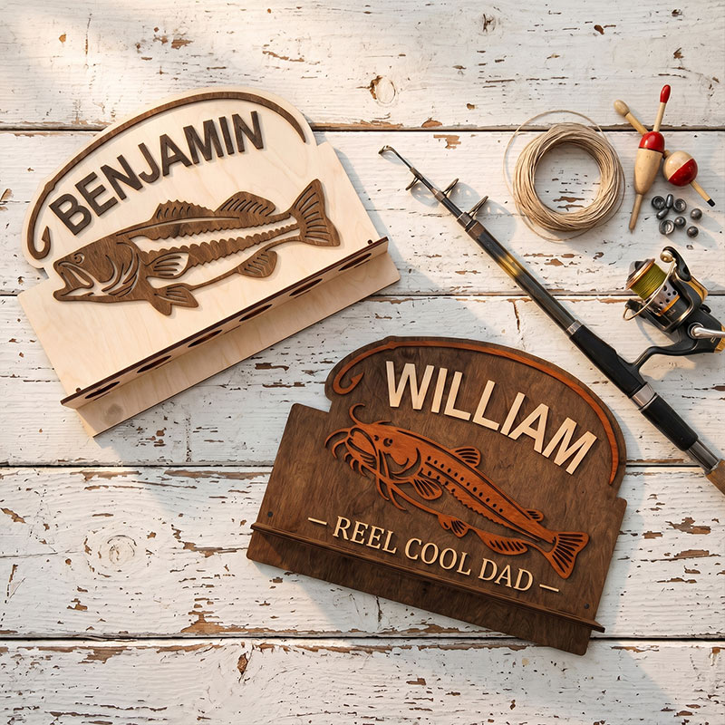 Personalized Reel Cool Dad Fishing Rod Rack 6 Rods Wooden Fishing Pole Holder Wall Mount Custom Fishing Gif Fisherman Dad Birthday Gift Man Cave Deco