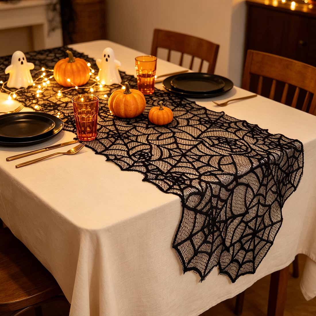 Black Spider Web Lace Table Runner Halloween Party Tablescape Decor Gothic Spooky Dining Centerpiece