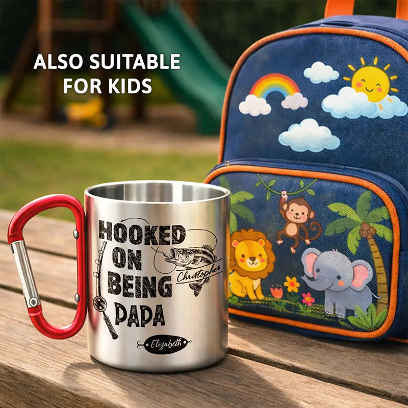 Personalized Hooked On Being Grandpa Carabiner Mug Custom Fishing Mug with Kids Names Fishing Lover Gift for Dad Grandpa