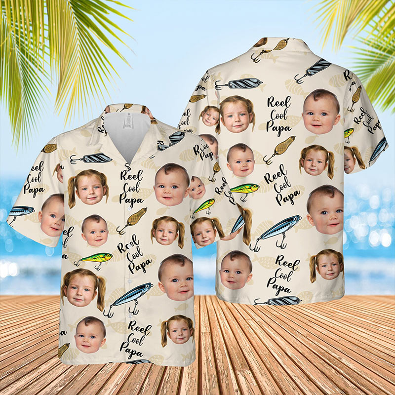 Personalized Reel Cool Papa Shirt Hawaiian Shirt With Face Custom Portrait Face Hawaiian Dad Grandpa Fishing Shirt With Kid Face Funny Papa Tee
