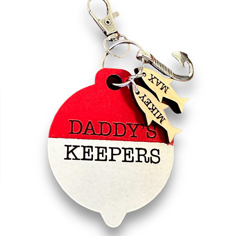 Personalized Daddy's Keepers Fishing Keychain Custom Wooden Bobber Engraved Fish Charms for Dad Birthday Gift for Him